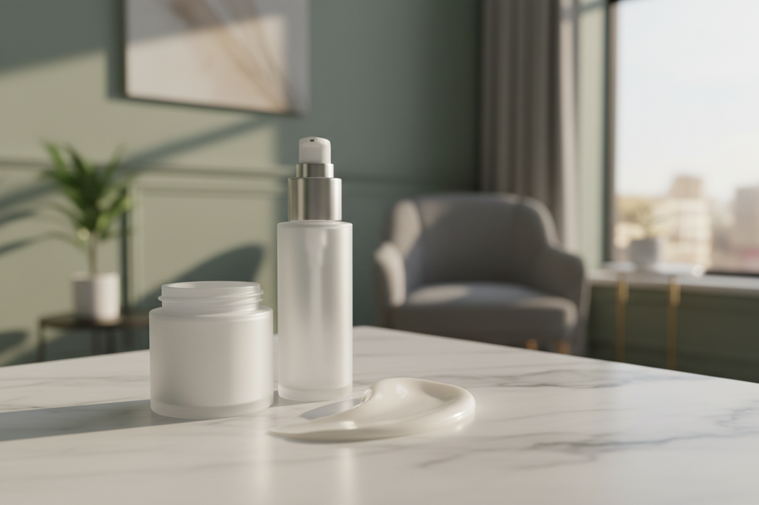 Custom compounded BHRT topical cream in a premium pump bottle, formulated with PCCA VersaBase for perimenopause support at Mixwell Pharmacy in Chino, California.