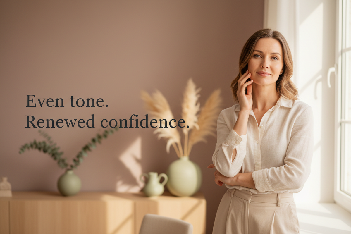 Woman with radiant even-toned skin representing custom compounded melasma and hyperpigmentation cream care from Mixwell Compounding Pharmacy in Chino, CA, serving skin-health prescribers across Southern California