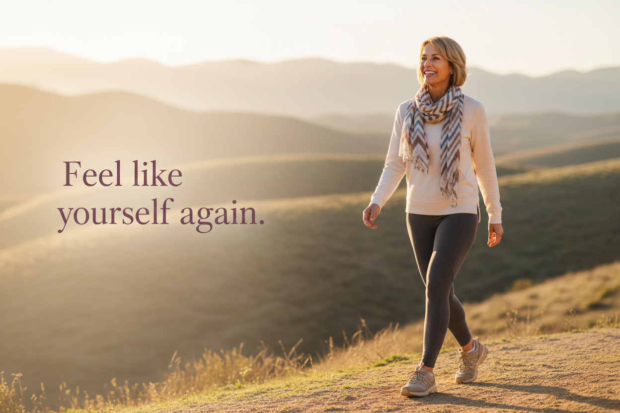 Confident energetic woman in her 50s representing custom compounded hormone replacement therapy for women from Mixwell Compounding Pharmacy in Chino, CA, with next-day delivery across California