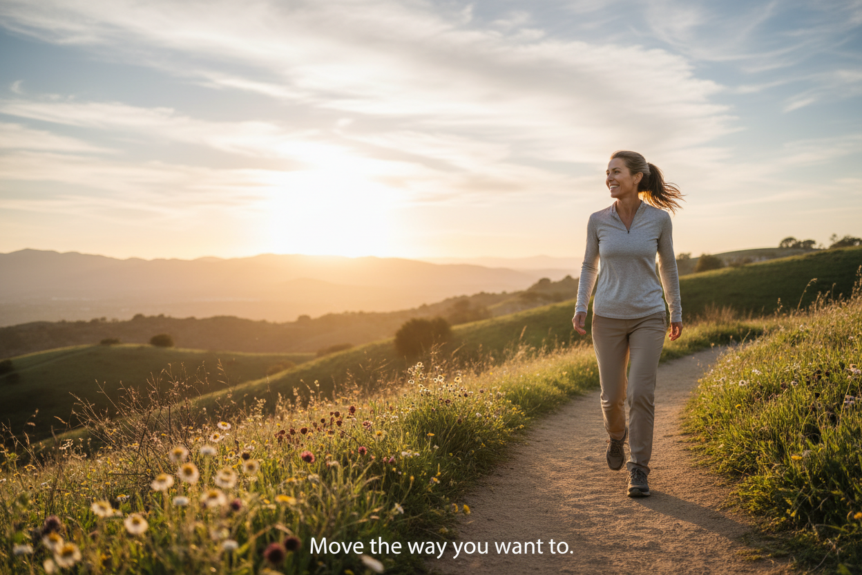 Active adult moving comfortably outdoors, representing custom topical pain management compounding for orthopedic patients from Mixwell Compounding Pharmacy in Chino, CA, serving California