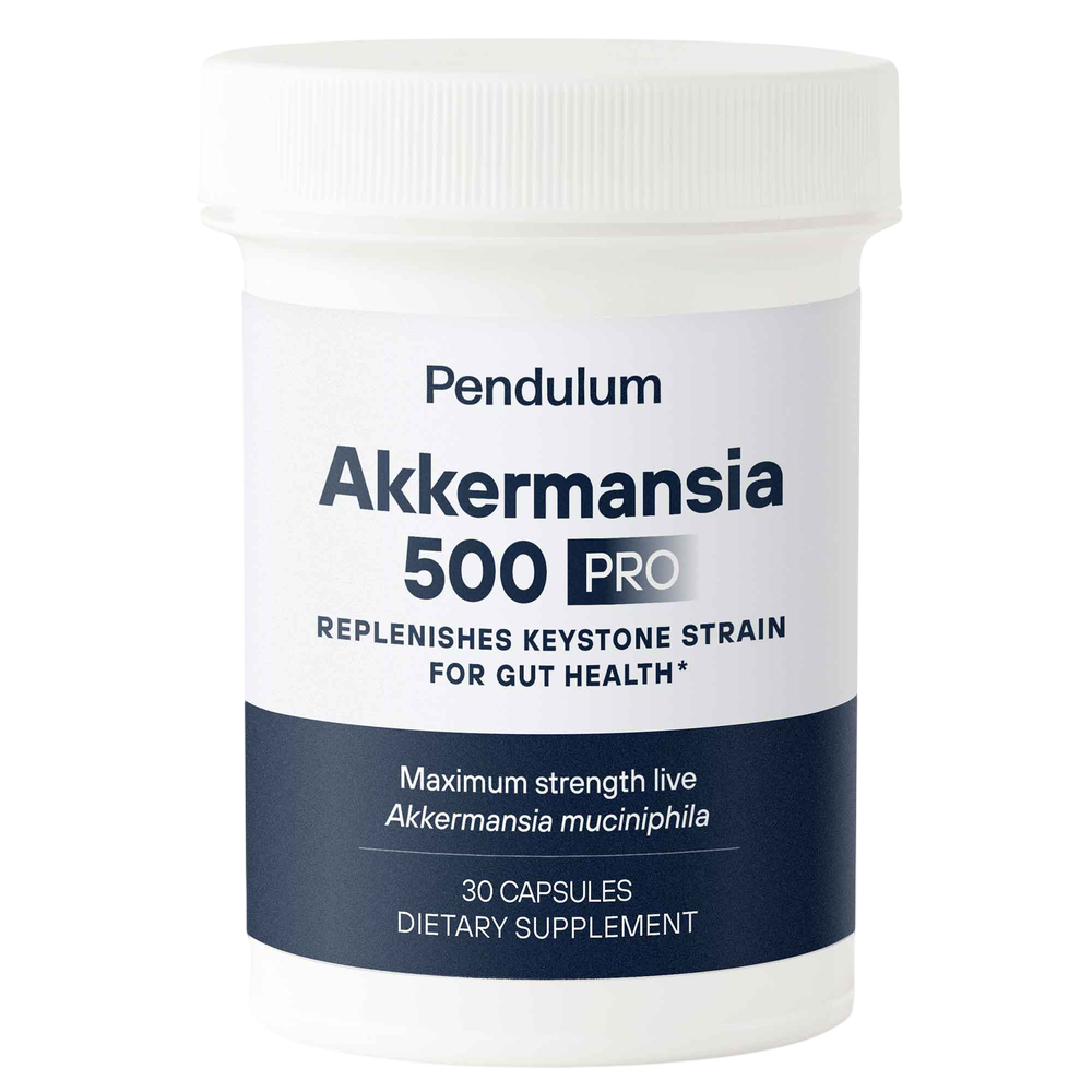 Supplement container labeled 'Pendulum Akkermansia 500 Pro' on a white background