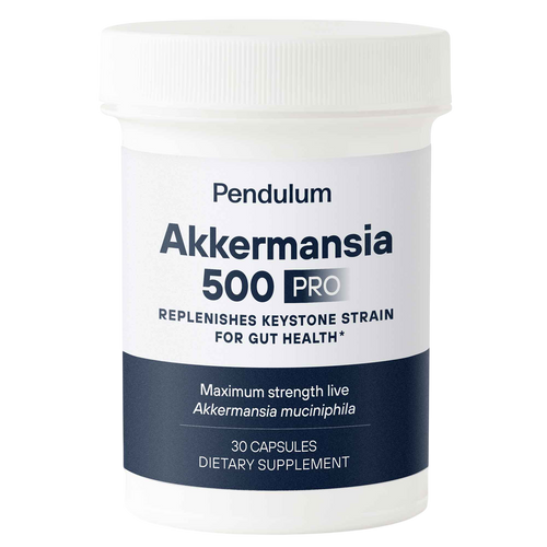Supplement container labeled 'Pendulum Akkermansia 500 Pro' on a white background