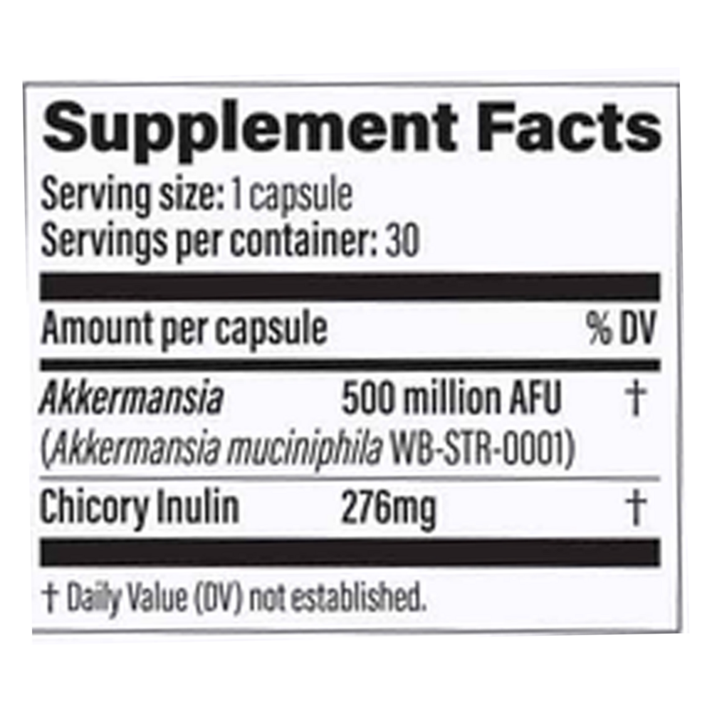 Supplement facts label with Akkermansia and Chicory Inulin on a white background
