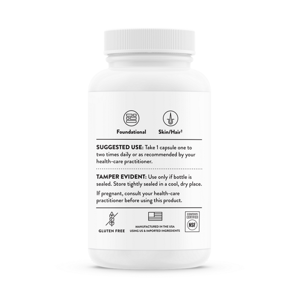 Supplement facts label for Thorne Biotin-8 showing 8 mg of Biotin per vegetarian capsule and pure ingredients list.