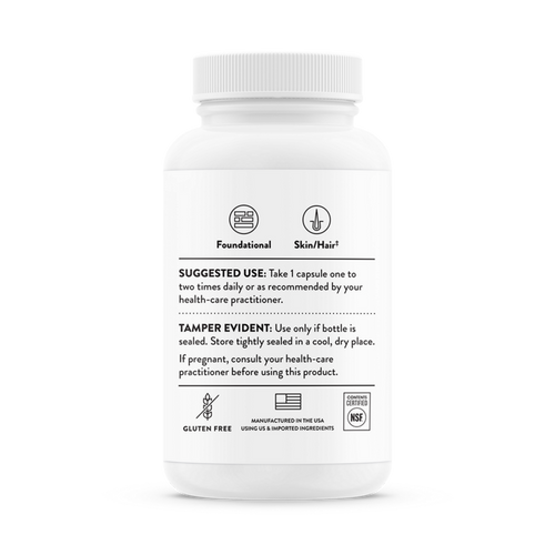 Supplement facts label for Thorne Biotin-8 showing 8 mg of Biotin per vegetarian capsule and pure ingredients list.