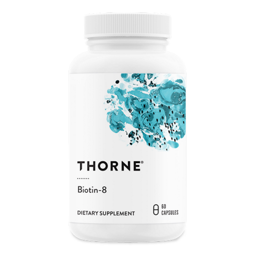 Thorne Biotin-8 60 Capsules bottle on white background - High potency 8mg Vitamin B7 supplement for hair and nails.