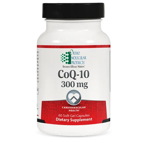 Supplement bottle labeled 'CoQ-10 300 mg' by Ortho Molecular Products on a white background