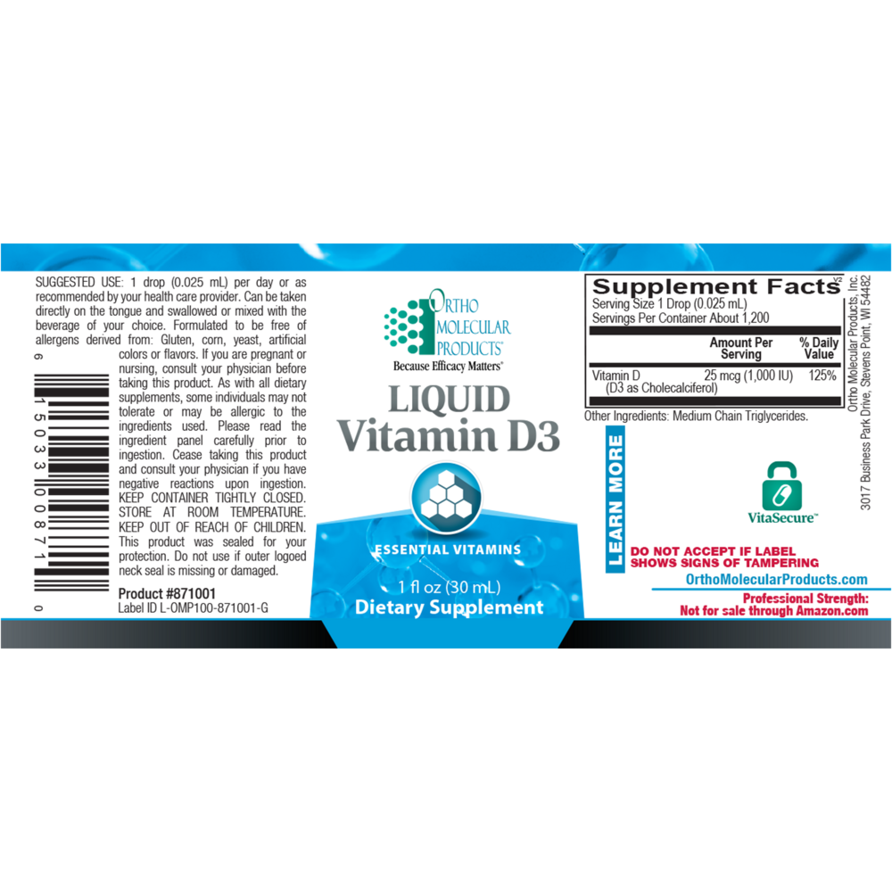 Liquid Vitamin D3 Drops Supplement - Ortho Molecular Products label