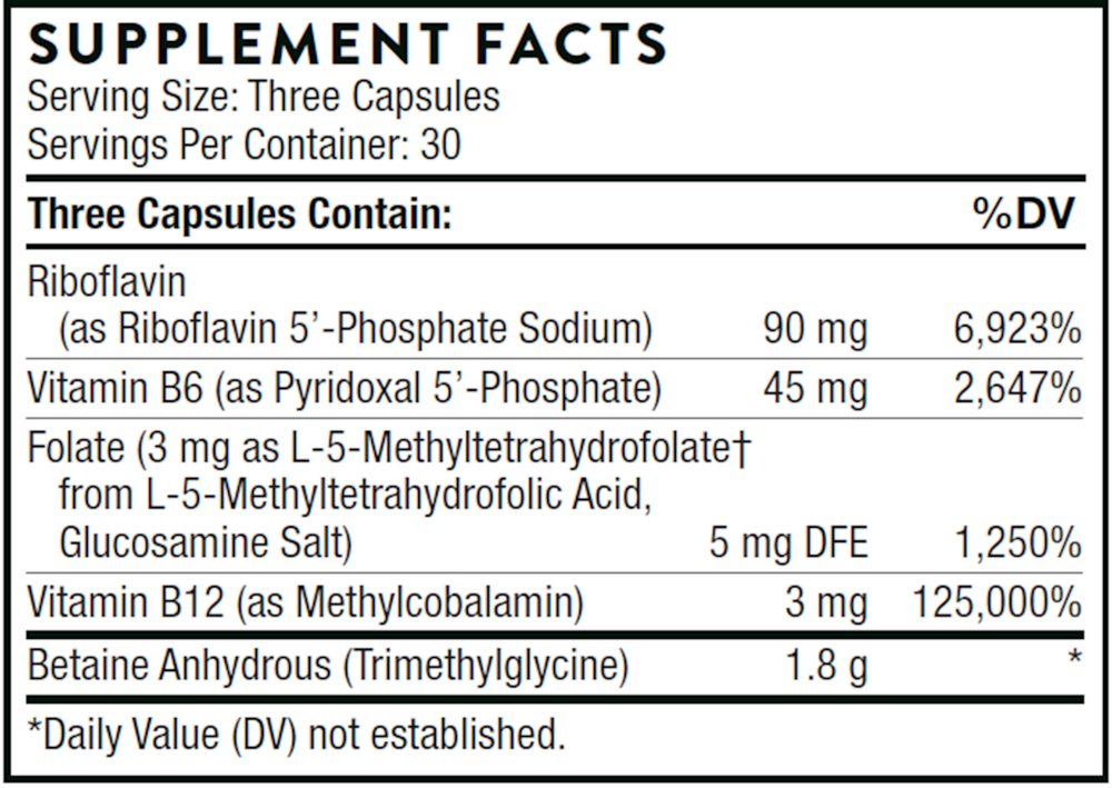 Methyl-Guard Plus provides 5-MTHF (active folate) and the active, tissue-ready forms of vitamins B2, B6, and B12 to support healthy methylation for cardiovascular, cognitive, and bone health.