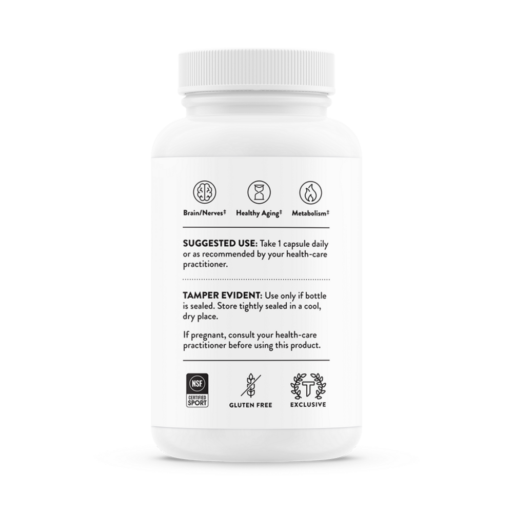 Front view of a white bottle of Thorne Niacel 400 Nicotinamide Riboside (NR) supplement, featuring 60 capsules designed to support NAD+ levels and healthy aging
