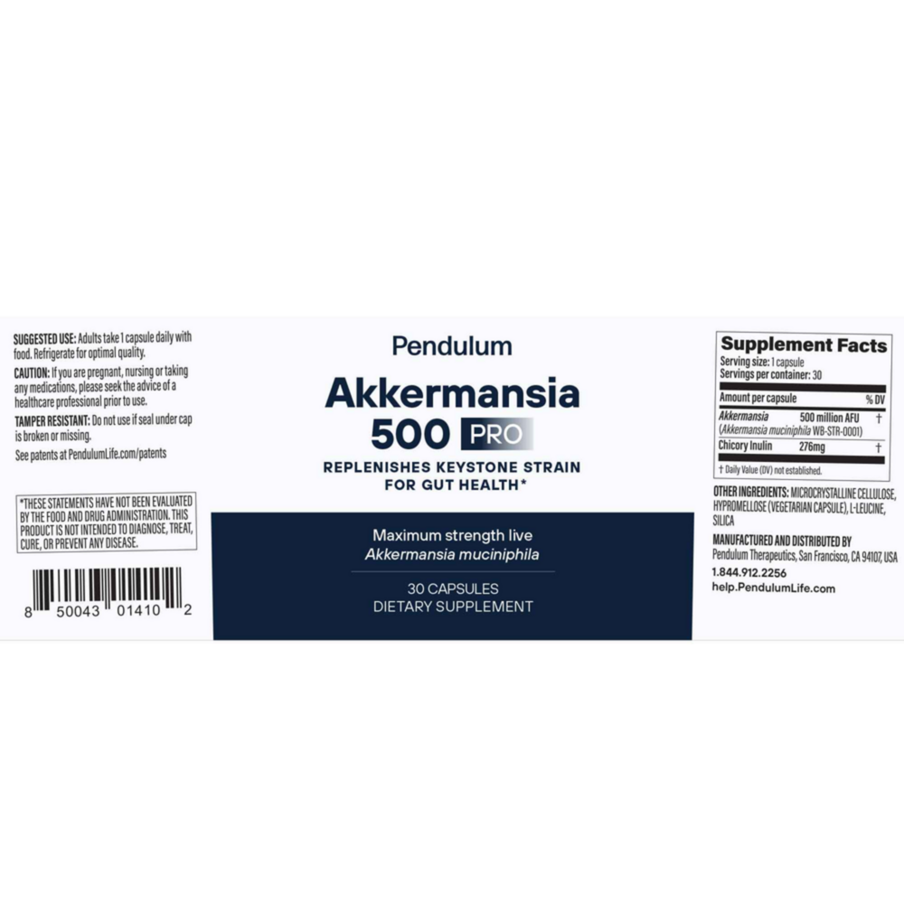 Supplement label for Akkermansia 500 Pro by Pendulum on a white background