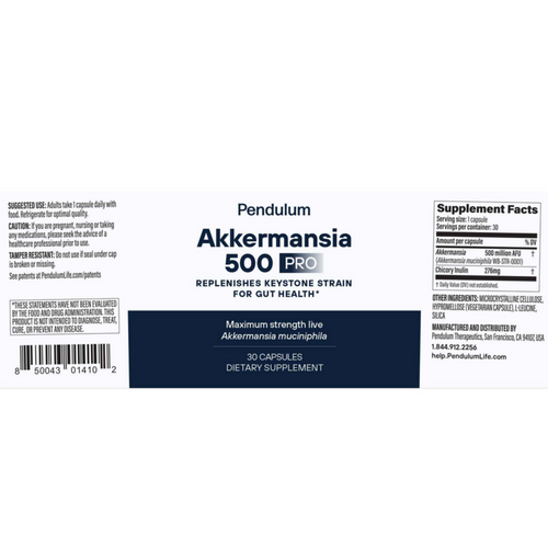 Supplement label for Akkermansia 500 Pro by Pendulum on a white background