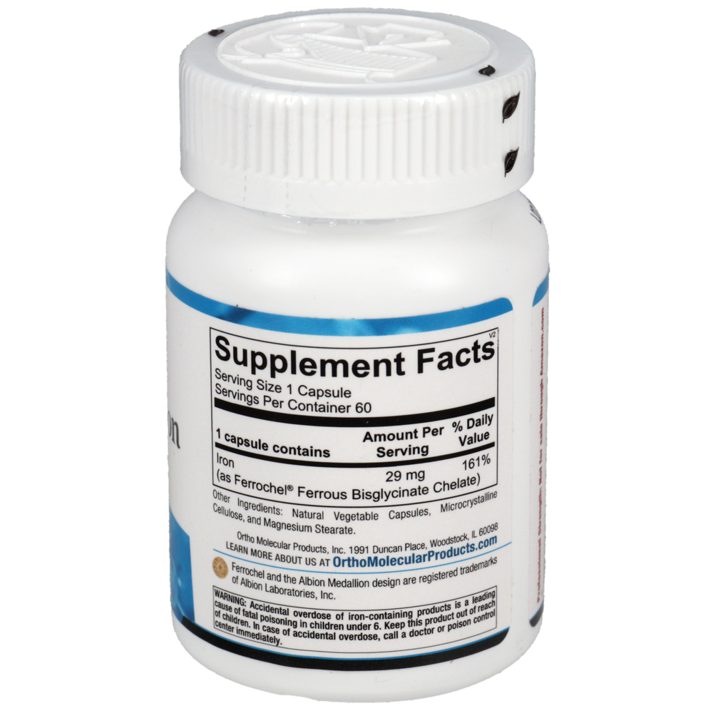 Reacted Iron 60 capsules ortho molecular products back of bottle