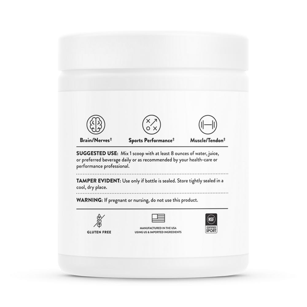 Product shot of Thorne Creatine mixed with Alpha-GPC. The label highlights its benefits for cognitive and muscular support. A premium supplement offering available at Mixwell Compounding Pharmacy.