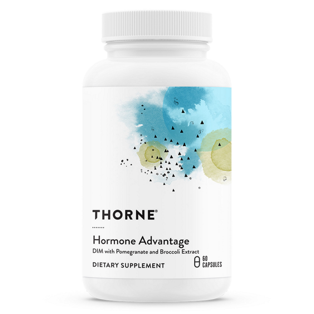 Thorne Hormone Advantage (formerly DIM Advantage) supplement bottle, 60 capsules. A premium hormone balance formula featuring DIM and Pomegranate extract, available at Mixwell Compounding Pharmacy in Chino.