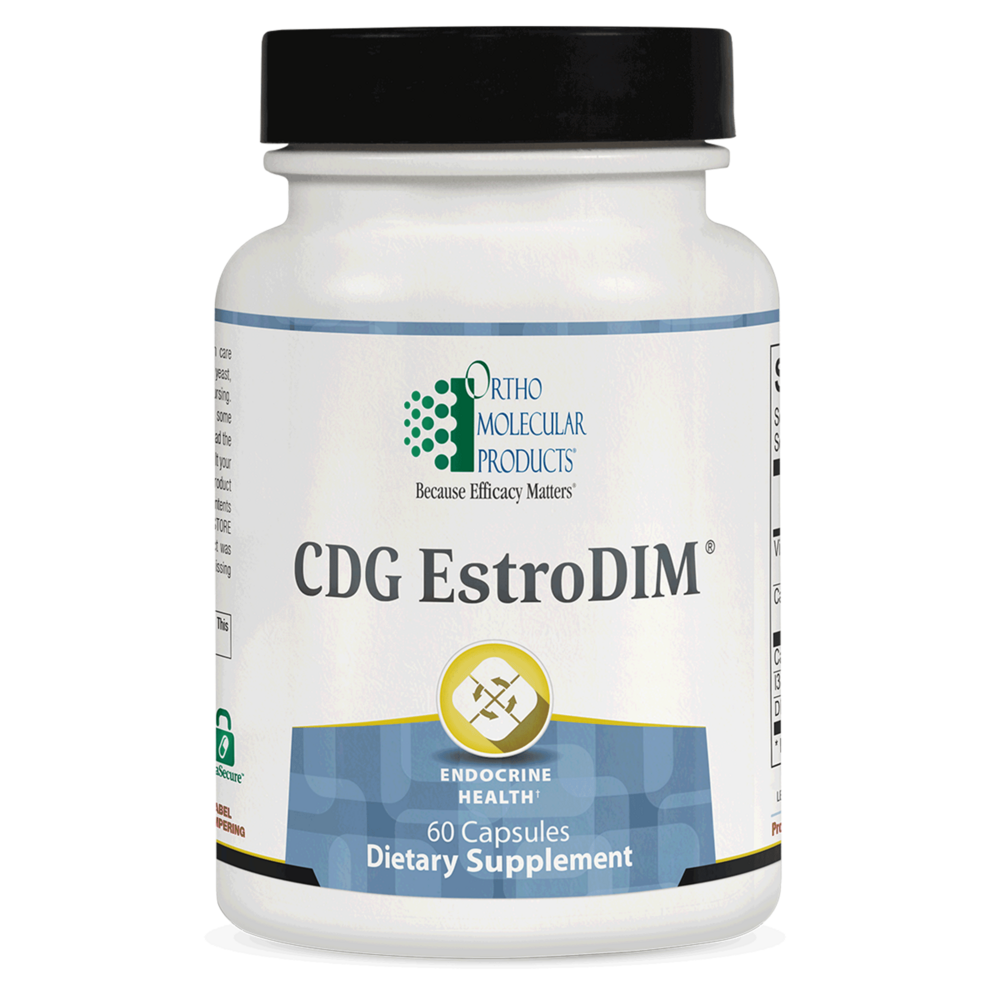 Front view of Ortho Molecular Products CDG EstroDIM 60-count bottle. A professional-grade dietary supplement for estrogen metabolism and hormonal balance, featuring key ingredients Calcium D-Glucarate (CDG) and Diindolylmethane (DIM). Available at Mixwell Compounding Pharmacy in Chino.