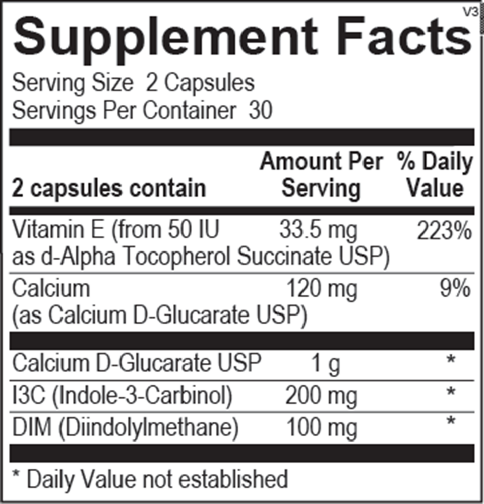 White supplement bottle of CDG EstroDIM by Ortho Molecular Products. Label highlights 60 capsules and support for healthy estrogen levels for men and women. Dispensed by Mixwell Pharmacy.