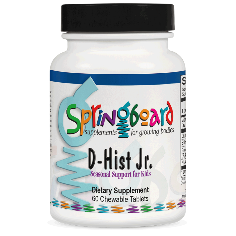 A bottle of Ortho Molecular Products D-Hist Jr. (60 chewable tablets), a dietary supplement for seasonal immune support, available at Mixwell Compounding Pharmacy in Chino.