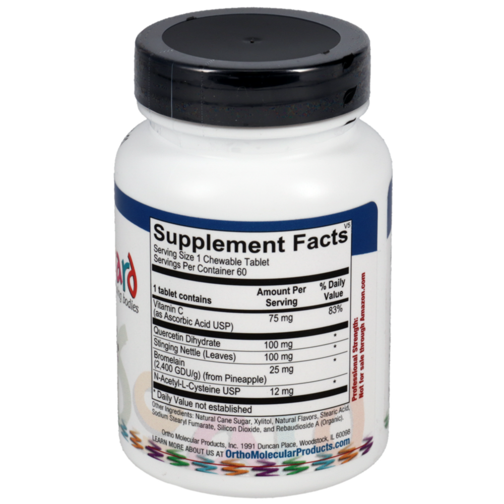 A bottle of Ortho Molecular Products D-Hist Jr. (60 chewable tablets), a dietary supplement for seasonal immune support, available at Mixwell Compounding Pharmacy in Chino.