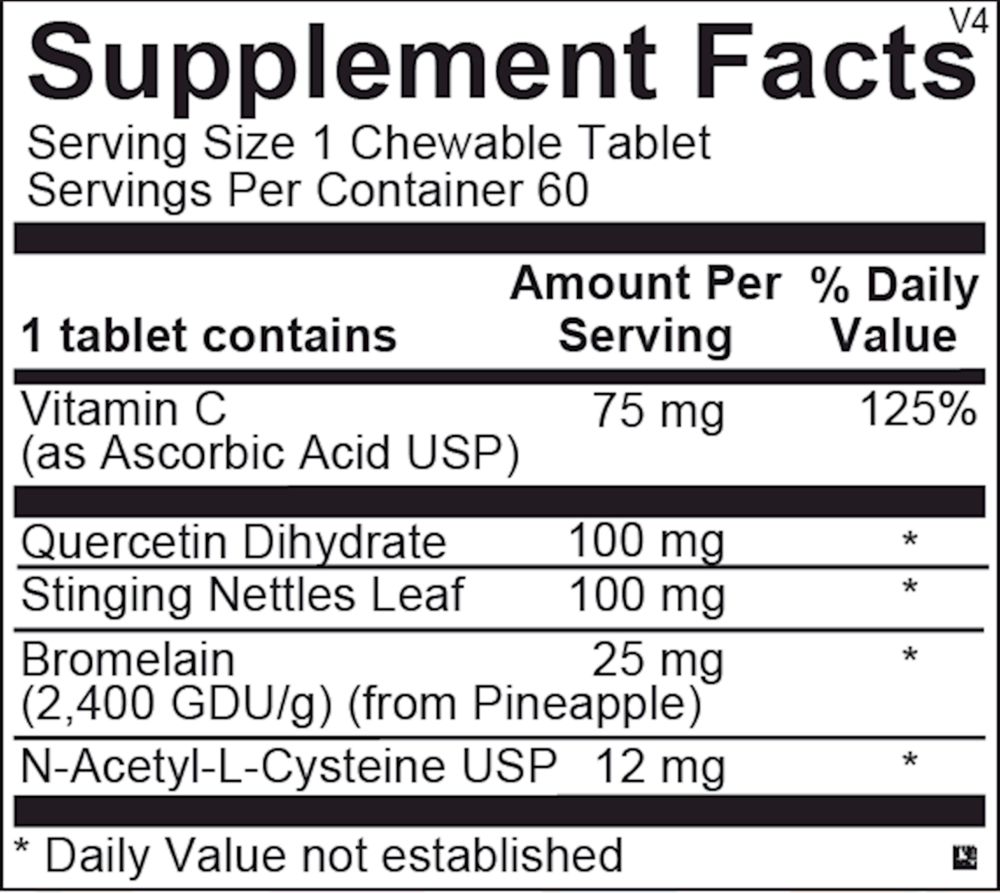 A bottle of Ortho Molecular Products D-Hist Jr. (60 chewable tablets), a dietary supplement for seasonal immune support, available at Mixwell Compounding Pharmacy in Chino.