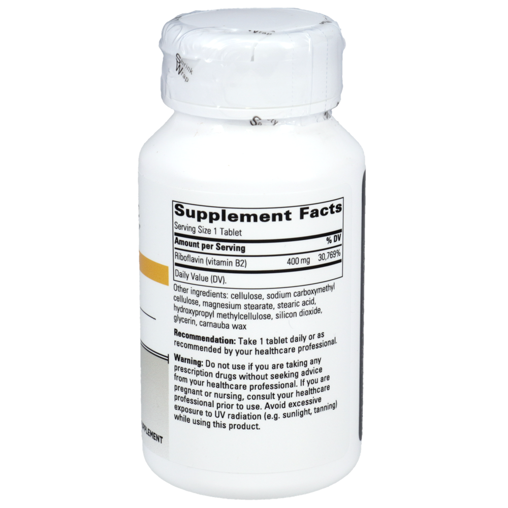 A white plastic bottle of Vitamin B2 dietary supplement with a white cap, showing the Supplement Facts label on a white background.