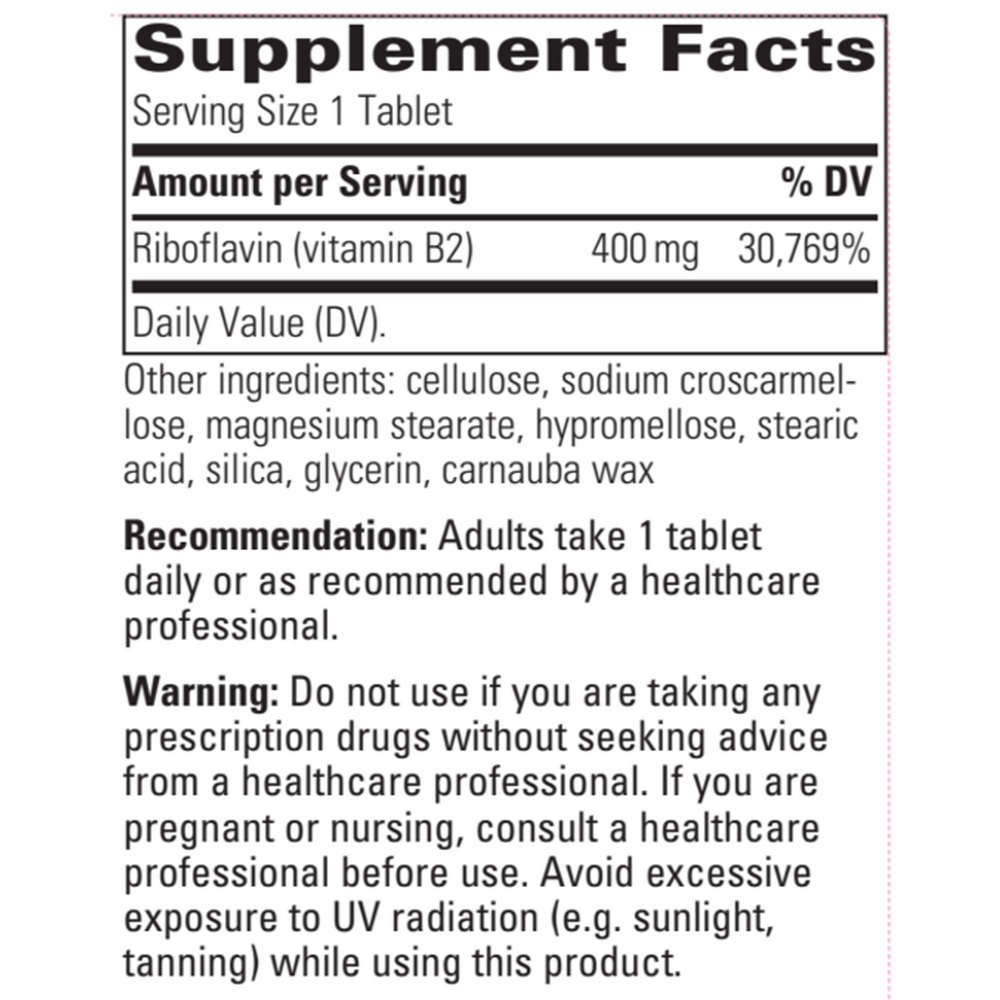 Supplement facts label for a vitamin B2 tablet with detailed information on ingredients, recommendation, and warning.