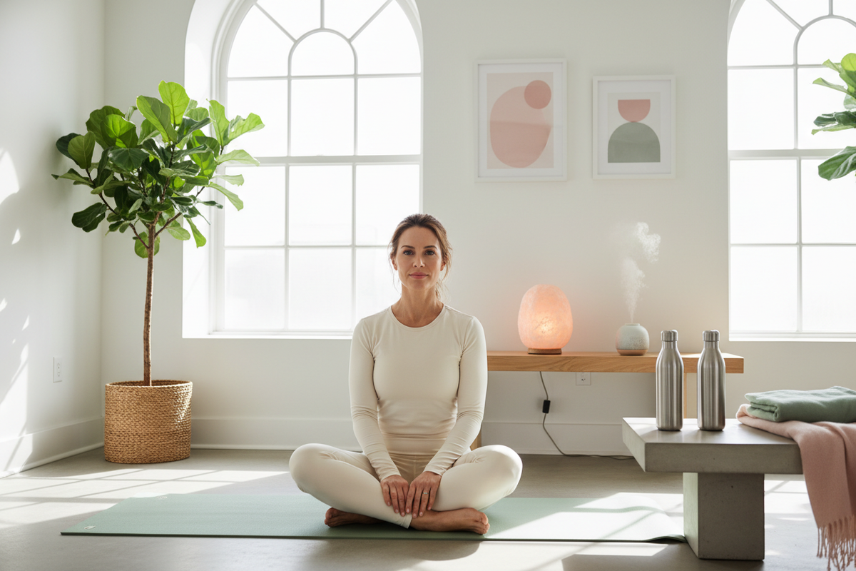 Lifestyle photograph of confident, healthy woman in her 40s-50s in wellness/yoga setting. Natural lighting, soft pink and sage green color accents. Professional wellness photography, discreet and tasteful. --ar 16:9