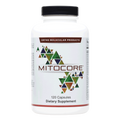 Supplement container labeled 'Mitocore' with geometric design on a white background