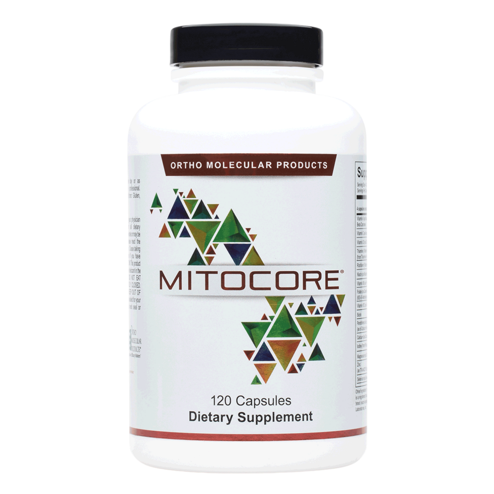 Supplement container labeled 'Mitocore' with geometric design on a white background