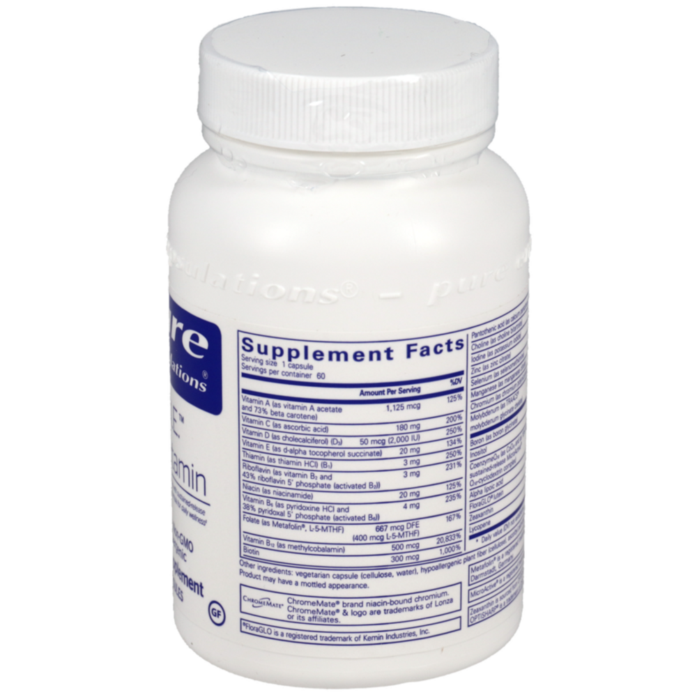 A single capsule of Pure Encapsulations O.N.E. Multivitamin next to the bottle, showing the once-daily serving size for antioxidant support.
