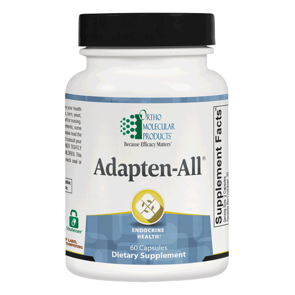 A white plastic bottle of Ortho Molecular Products Adapten-All dietary supplement with a black cap and a white label featuring blue and green branding.