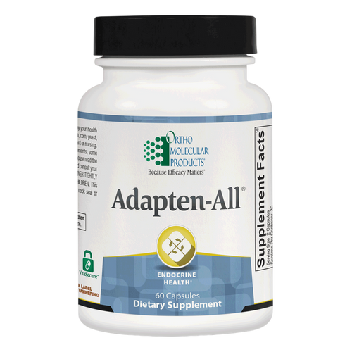A white plastic bottle of Ortho Molecular Products Adapten-All dietary supplement with a black cap and a white label featuring blue and green branding.