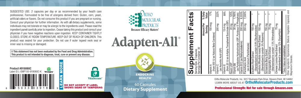 The back of a dietary supplement box labeled Adapter-All, showing the supplement facts panel, ingredients list, barcode, and product details on a white background.