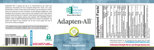The back of a dietary supplement box labeled Adapter-All, showing the supplement facts panel, ingredients list, barcode, and product details on a white background.