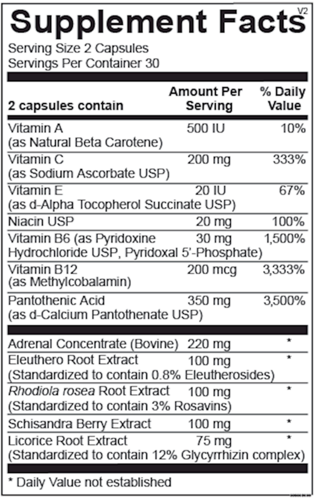 Ortho Molecular Products Adren-All bottle, 60 capsules dietary supplement under the endocrine health category for HPA axis and adrenal support facts.
