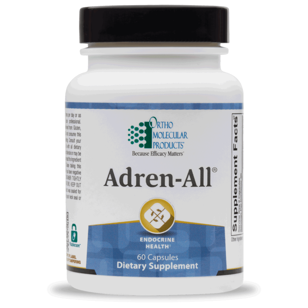 Ortho Molecular Products Adren-All bottle, 60 capsules dietary supplement under the endocrine health category for HPA axis and adrenal support.