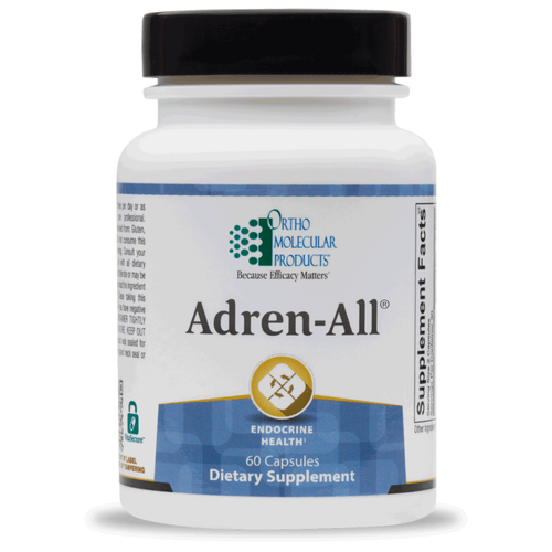 Ortho Molecular Products Adren-All bottle, 60 capsules dietary supplement under the endocrine health category for HPA axis and adrenal support.