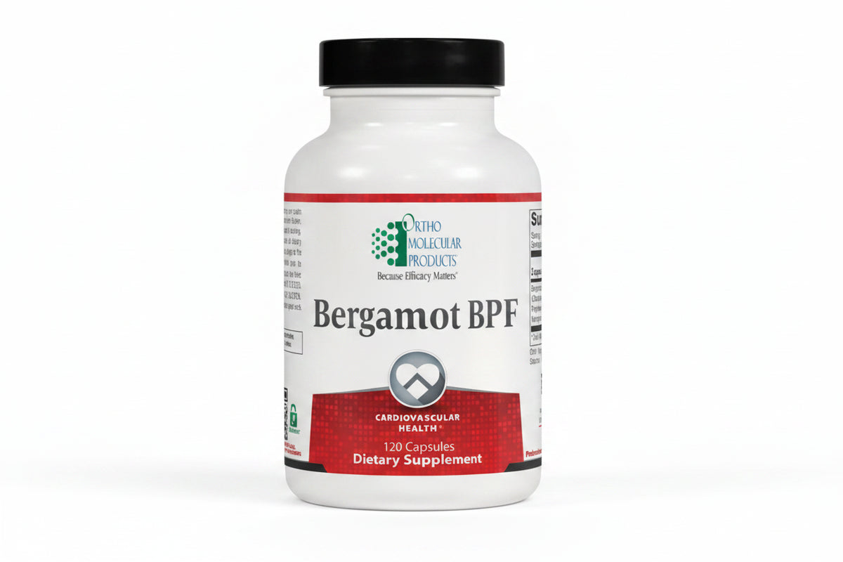 Supplement bottle labeled 'Bergamot BPF' by Ortho Molecular Products on a white background