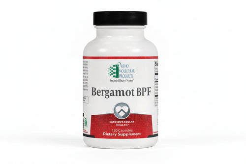 Supplement bottle labeled 'Bergamot BPF' by Ortho Molecular Products on a white background