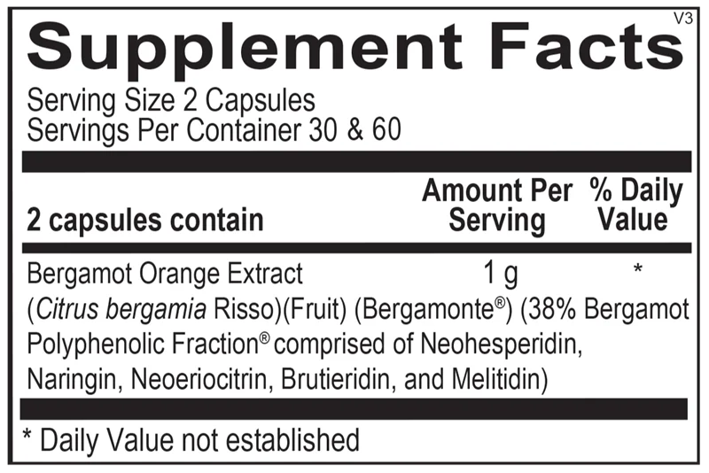 Supplement facts label for Bergamot Orange Extract capsules