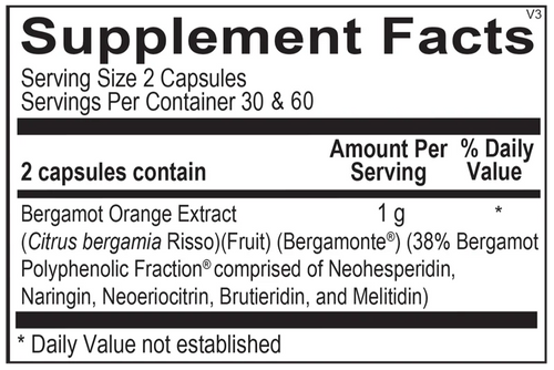 Supplement facts label for Bergamot Orange Extract capsules