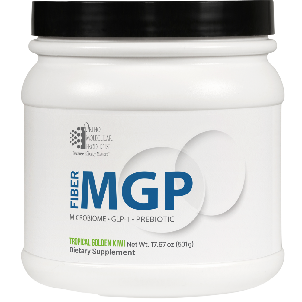 Ortho Molecular Products Fiber MGP powder tub, Tropical Golden Kiwi flavor, 17.67 oz (501 g), front label