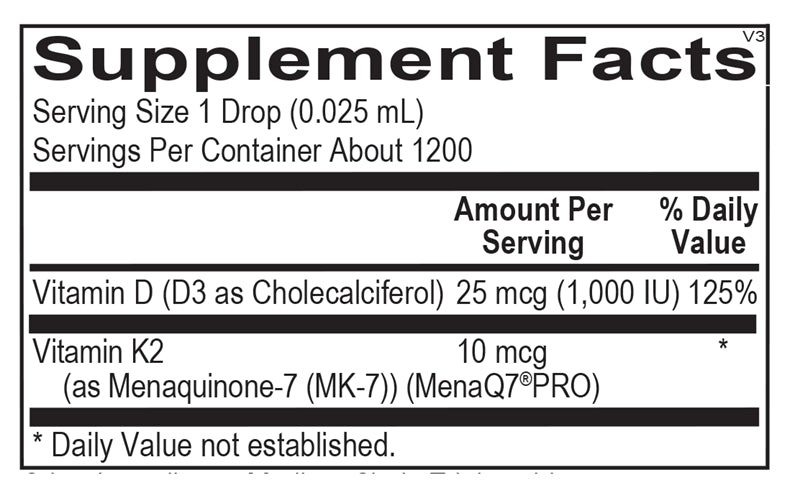 Ortho Molecular Products Liquid Vitamin D3 with K2 1 fl oz bottle essential vitamins supplement facts
