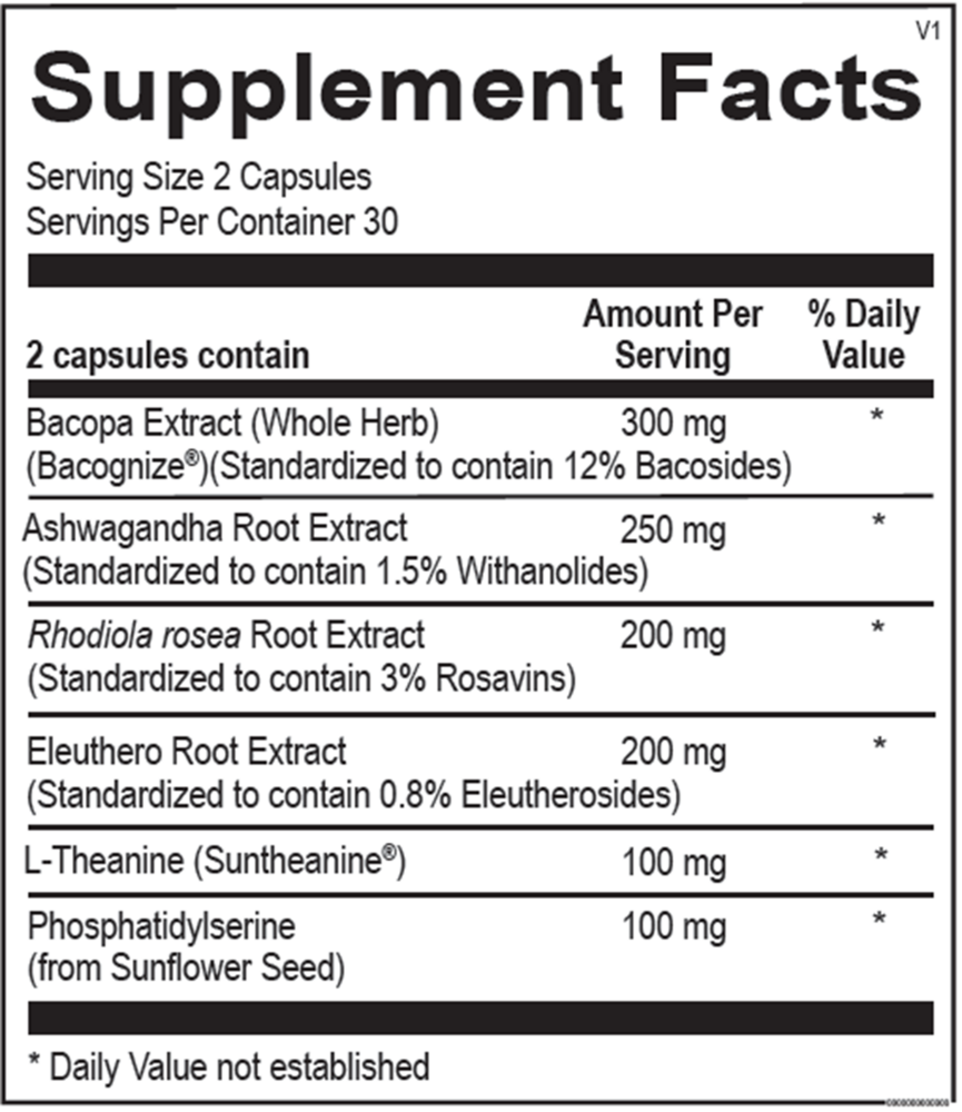Ortho Molecular Products NuAdapt Stress Reduction Formula bottle, 60 capsules dietary supplement for endocrine health and adrenal support.