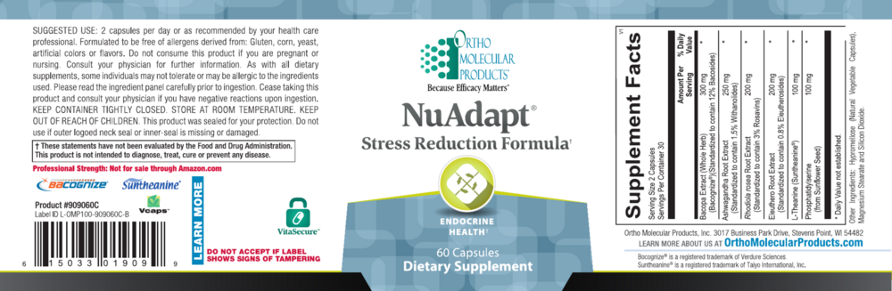 Ortho Molecular Products NuAdapt Stress Reduction Formula bottle, 60 capsules dietary supplement for endocrine health and adrenal support.