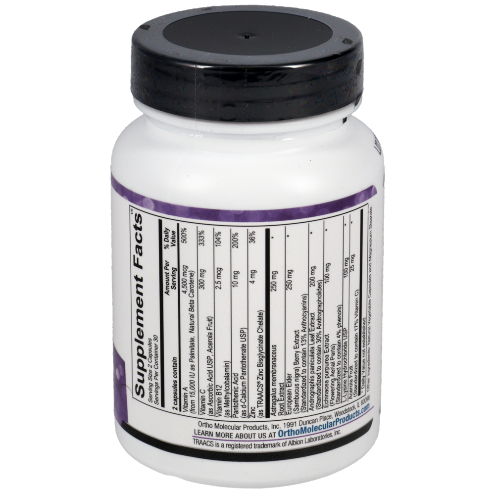 back view of Ortho Molecular Products Viracid dietary supplement bottle containing 60 capsules for immune health support.