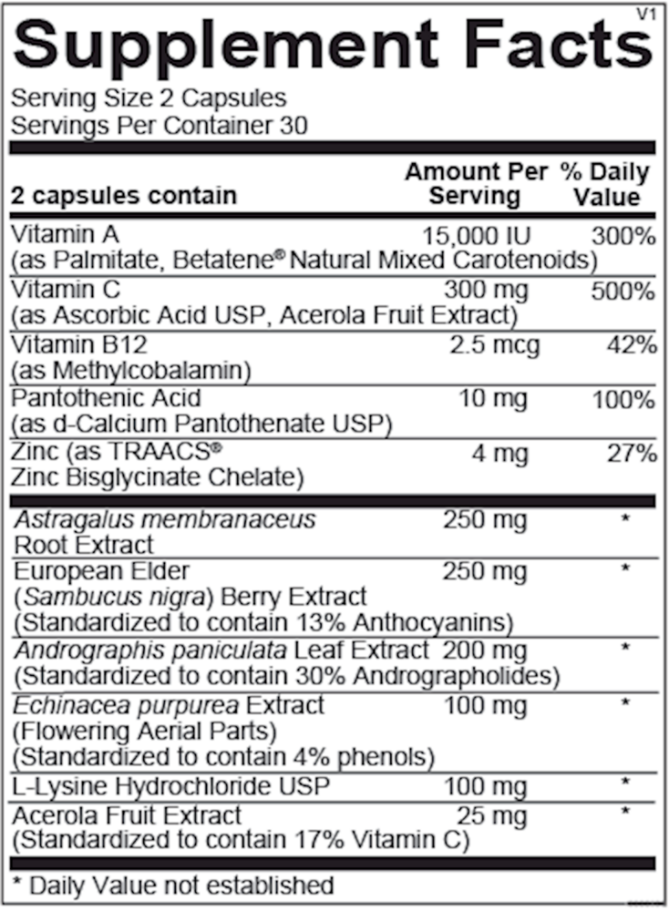 Ortho Molecular Products Viracid dietary supplement bottle containing 60 capsules for immune health support facts