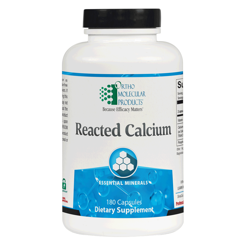 A white plastic bottle of Ortho Molecular Products Reacted Calcium dietary supplement with a black cap and blue label accents, shown on a white background.