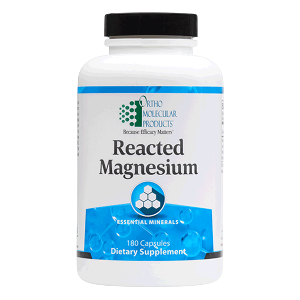 Ortho Molecular Products Reacted Magnesium dietary supplement, 180 capsules, featuring high-absorption magnesium bisglycinate chelate.