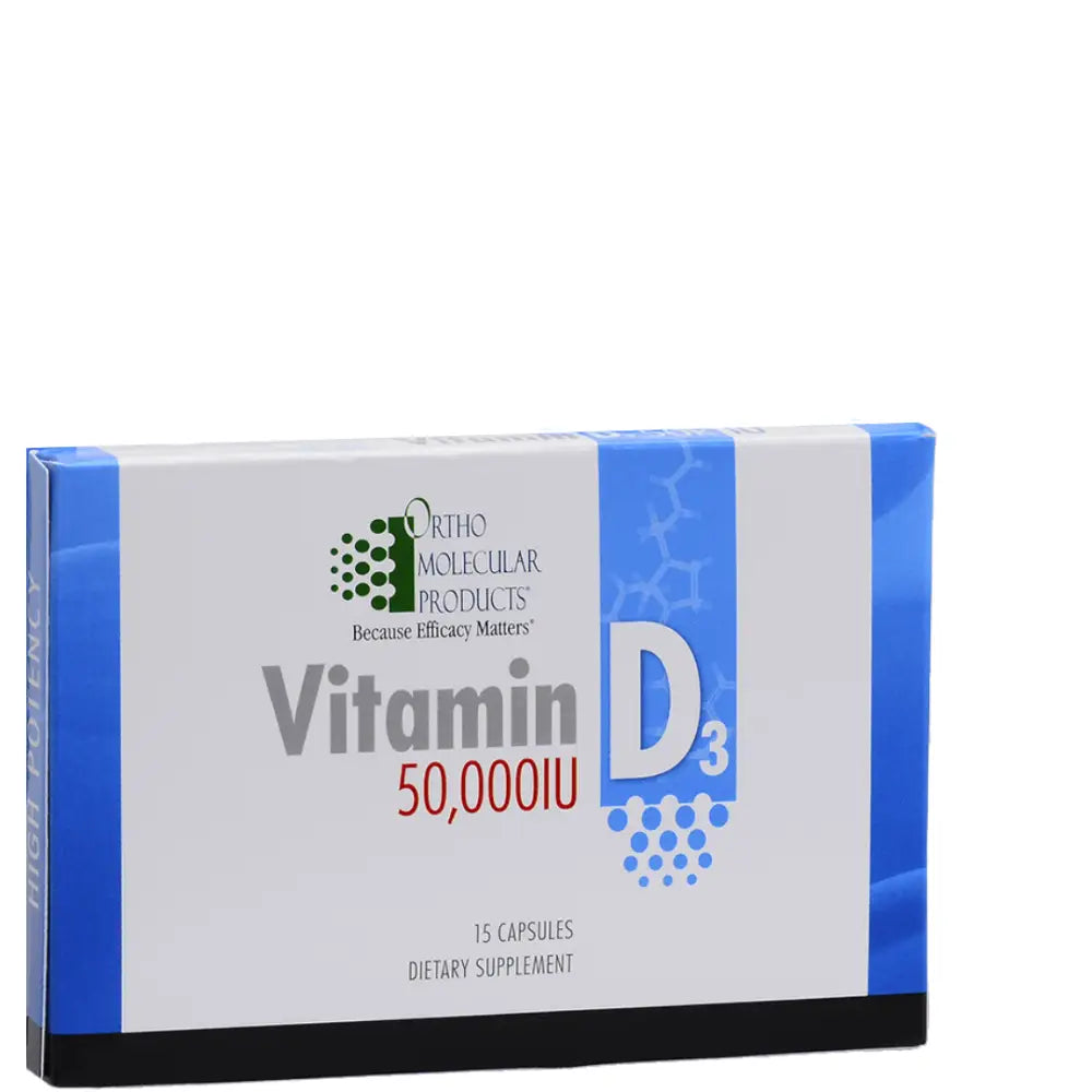 Ortho Molecular Products Vitamin D3 50,000 IU high-potency supplement bottle for intensive bone and immune support.